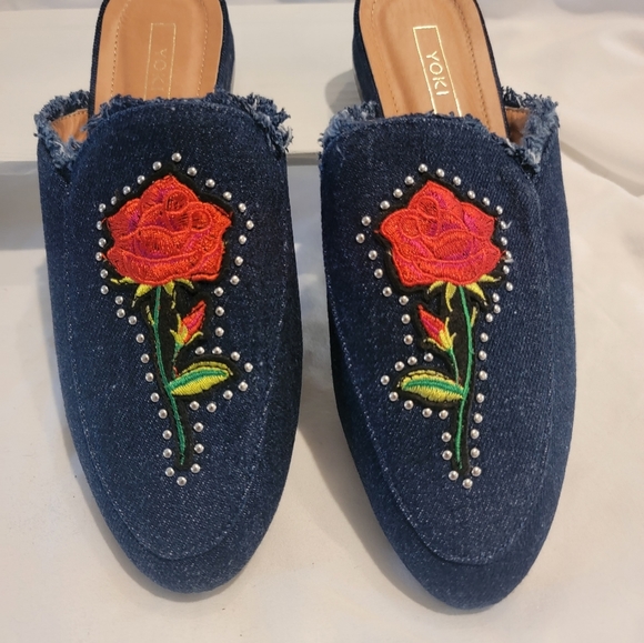 Yoki Dark Denim Studded Rose Mules - Picture 2 of 6